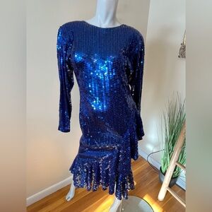 Vintage 80s Royal Blue Sequin Evening Dress Long Sleeve Low Back Ruffle Hem